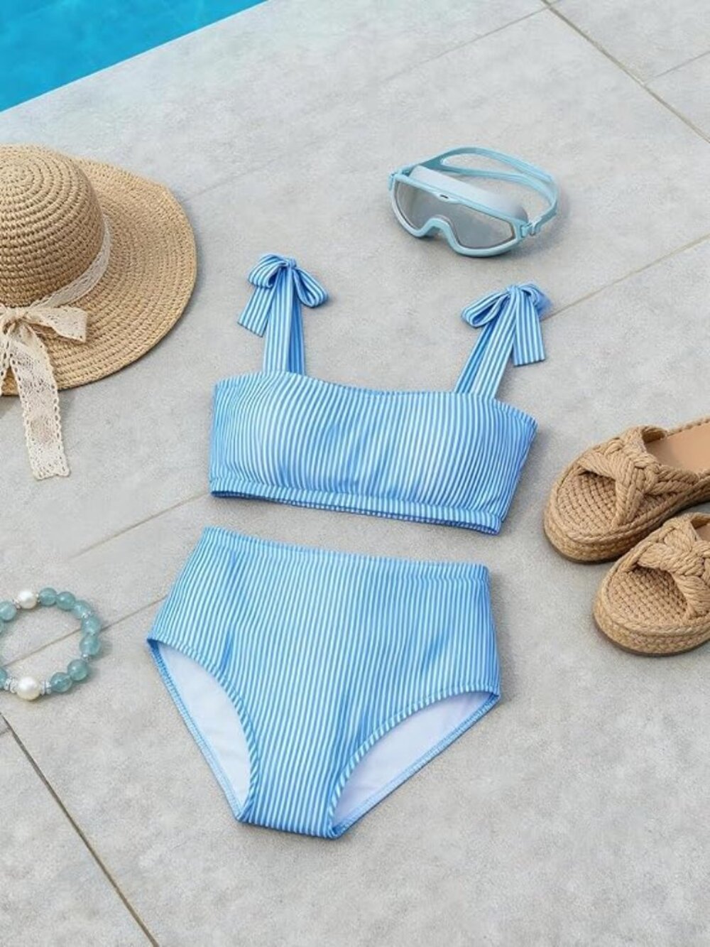 New Striped Tie Shoulder High Waist Two Piece Bikini - Picture 8 of 13